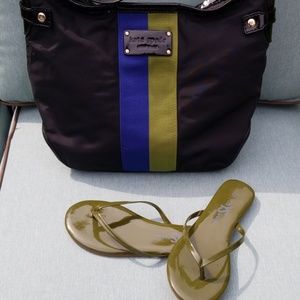 Kate Spade Black Nylon Color Block Olive Green Blue & Patent Leather Striped Bag